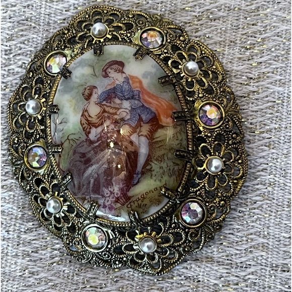 Vintage Hand Painted Gold Tone Brooch / Pin with Pearls and Crystals - Picture 3 of 8